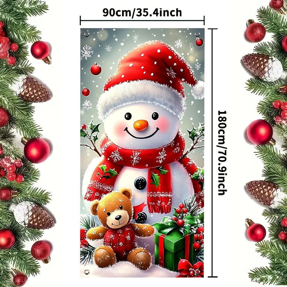 Merry Christmas Decorations Door Cover Banner Cute Snowman Bear Gift Backdrop Xmas Party Indoor Outdoor Background Deco Supplies