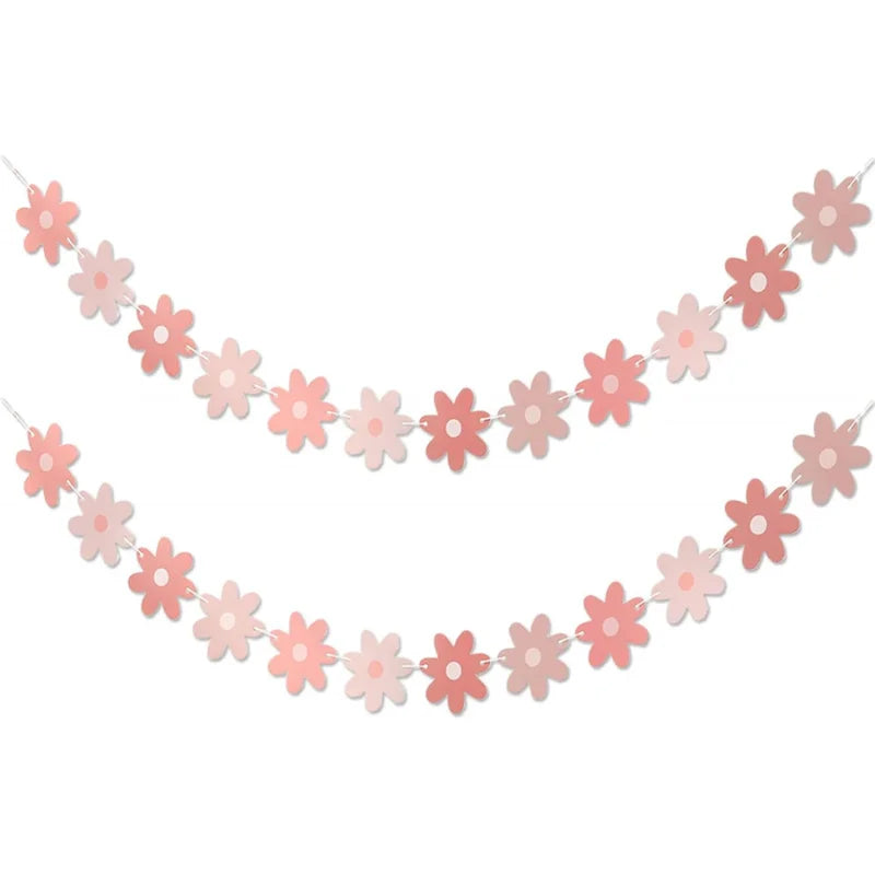 Pink Daisy Party Decor - Groovy Boho Decor Party Garland Banners - Spring Daisy Flower Cutouts Bunting Banner Flags