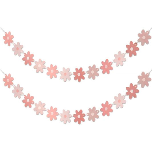 Pink Daisy Party Decor - Groovy Boho Decor Party Garland Banners - Spring Daisy Flower Cutouts Bunting Banner Flags