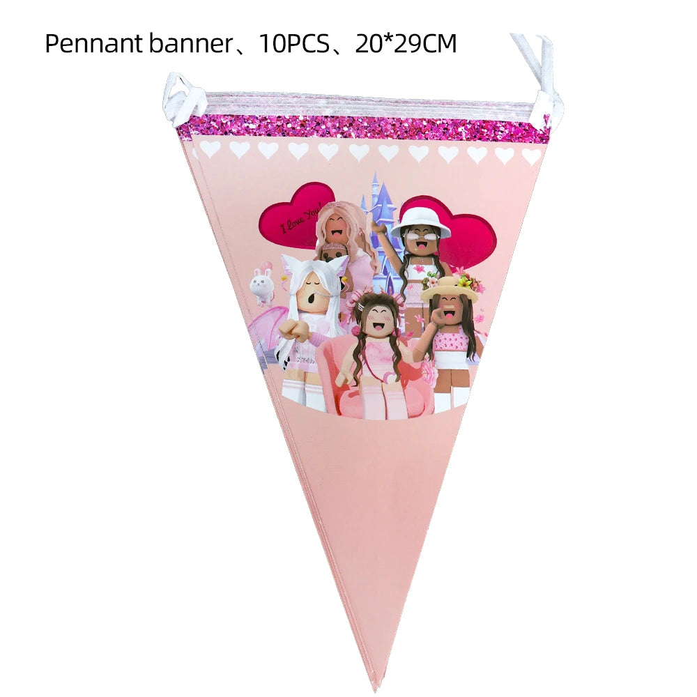 Pink Robloxed Theme Birthday Party Decorations Tableware Set Balloons Cups Plates Banner Backdrop for Girls Baby Shower Supplies