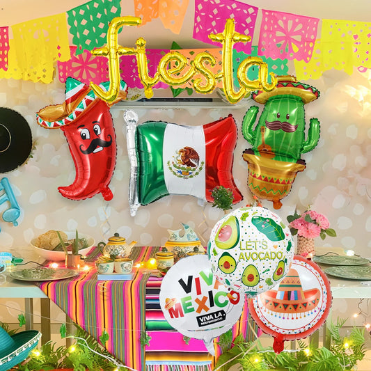 7pcs Mexican carnival balloon party decorations, including golden fiesta banner balloon, cactus, chili pepper, sombrero, avocado