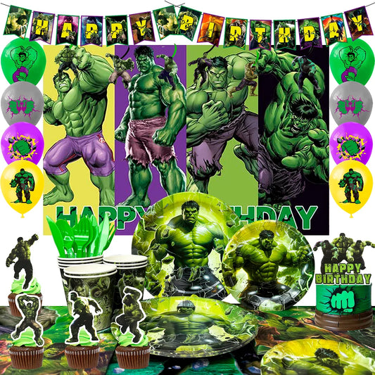 Hulk  Party Decorations,112pcs Hulk Birthday Party Decorations&Tableware-Balloons Backdrop Plates etc Marvel Hulk Party Supplies