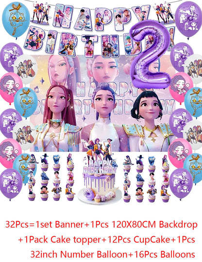 Demon Hunters Party Cutlery Set Banner Backdrop Balloons Cake Topper Outdoor Picnic Supply Birthday for Korean Kpop Anime Party