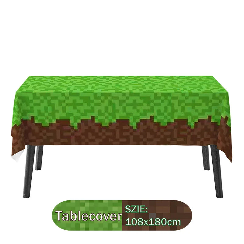 Pixel Miner Style Birthday Party Grass Tablecloth Gamer Birthday Decorations, Mining Craft Party Supplies Pixel Miner Party