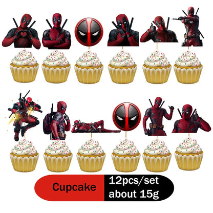 DEADPOOL Birthday Party Decorations Disposable Tableware Cake Topper Flag Kids Anniversaire Party Baby Shower Cake Kids Favors