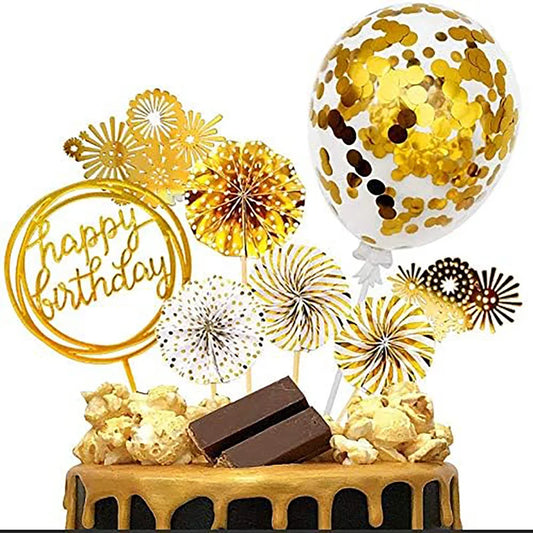Gold Birthday Cake Decorations Set - Includes Happy Birthday Cake Topper, Paper Fans Banner, Confetti Balloons, Fireworks Decor,