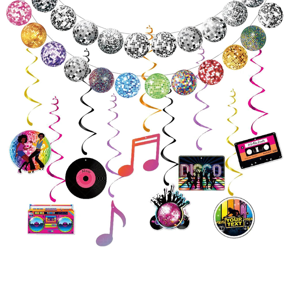 Disco Themed Party Banner Hanging Swirls Decor 70s 80s 90s retro Musical party Dancing Birthday Party Ceiling Spiral Decoration