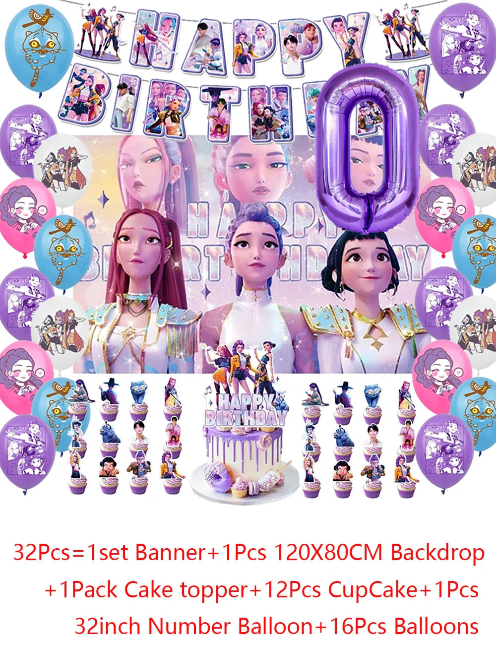 Demon Hunters Party Cutlery Set Banner Backdrop Balloons Cake Topper Outdoor Picnic Supply Birthday for Korean Kpop Anime Party