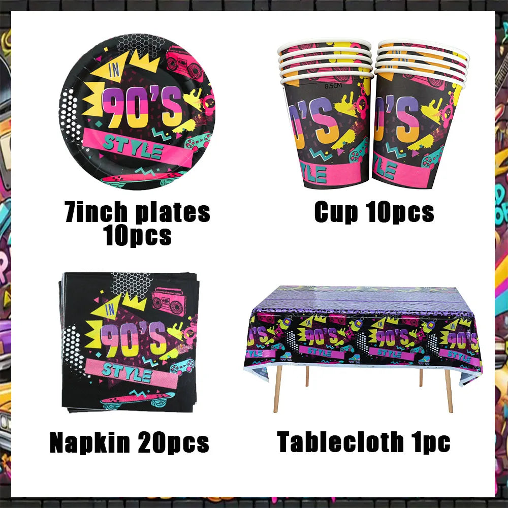 90’S Disco Party Decorations Back To 90s Backdrop Women Men Friend Birthday Music Party Disposable Tableware Balloon CakeTopper