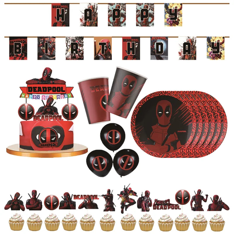 DEADPOOL Birthday Party Decorations Disposable Tableware Cake Topper Flag Kids Anniversaire Party Baby Shower Cake Kids Favors