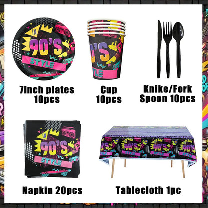 90’S Disco Party Decorations Back To 90s Backdrop Women Men Friend Birthday Music Party Disposable Tableware Balloon CakeTopper